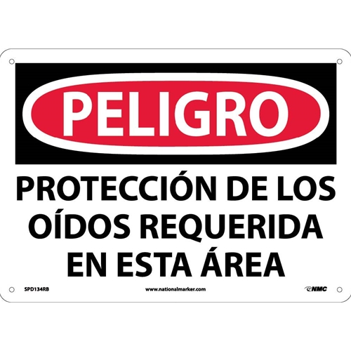 Danger Hearing Protection Required Sign - Spanish (SPD134RB)