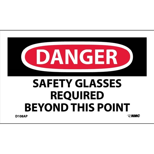 Danger Safety Glasses Required Beyond This Point Label (D108AP)