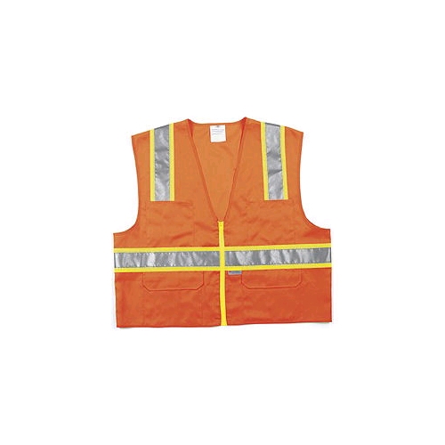 MCR (SURVO) Class 2 Orange Surveyor Vests, Zipper Front, 2" Silver/3" Lime Stripes